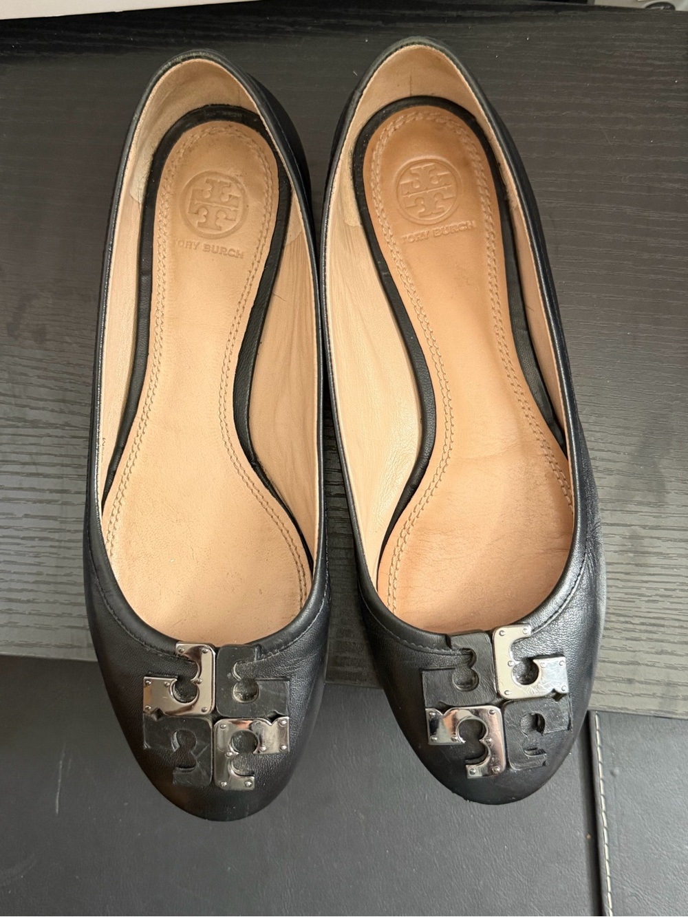 Tory Burch Black Leather Logo Toe Ballet Flats